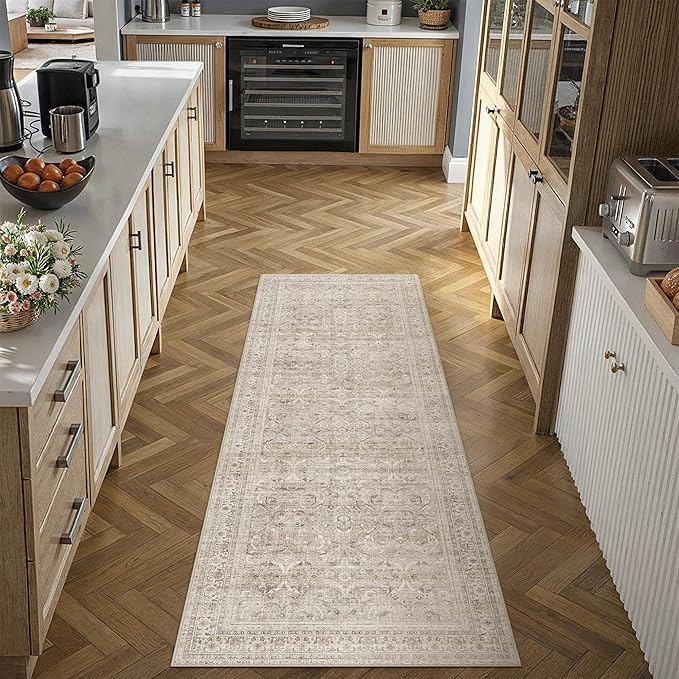 HUGEAR 2x6 Runner Rug Vintage Beige Machine Washable Retro Floral Hallway Low Pile Carpet Vacuumable Distressed Long Throw Rug Bedroom Office Bathroom Kitchen Laundry Non Slip Soft Lightweight
