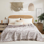 Boho Throw Blanket Twin Size, Soft Cozy Cotton Muslin Quilt Blanket for Bed Decor, Patchwork Block Couch Sofa Chair Cover, Vintage Farmhouse Cottage Tapestry Woven Blanket, Brown&White
