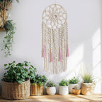 LB Boho Pink Macrame Wall Hanging Flower Dream Catcher Handmade Woven Cotton Tapestry with Wood beads Modern Aesthetic Wall Art Decor for Home, Bedroom, Living Room