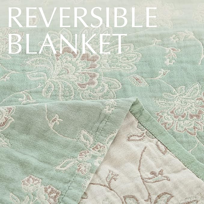 jinchan Boho 100% Cotton Muslin Twin Size 60x80 Inches Blanket Lightweight 4-Layer Quilted Soft Green and Beige Floral Throw Blanket Reversible Comfy Flower Breathable All Seasons Couch Bedroom Decor
