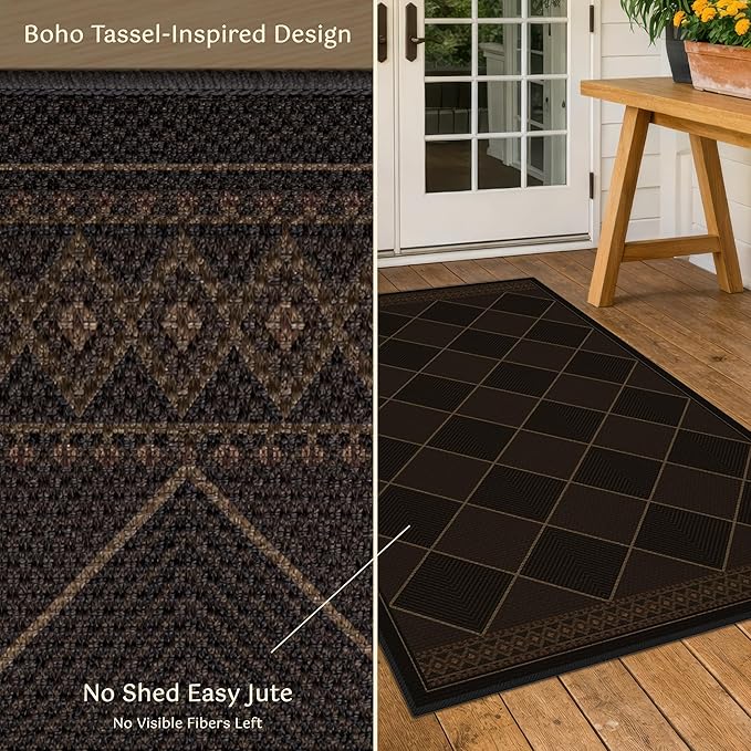 Outdoor Indoor Checkered Entryway Rug 3x4, Washable Durable Non-Slip Low Pile Boho Easy Jute Rug for Porch, Kitchen, Patio & Backyard, Modern Dark Brown Diamond Geometric Pattern Stain Resistant