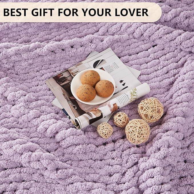 L'AGRATY Chunky Knit Blanket Throw: 80''x90'' Chenille Chunky Knitted Throw Blanket for Bed Couch - Handmade Thick Big Cable Knit Blanket - Large Chunky Crochet Rope Blanket for Home Decor(Purple)