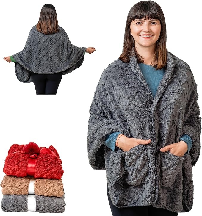 Boho Chic Wearable Blanket -No Sleeves Drape&Go- Poncho Blanket Wrap Shawl - Gifts for Grandma and Mom