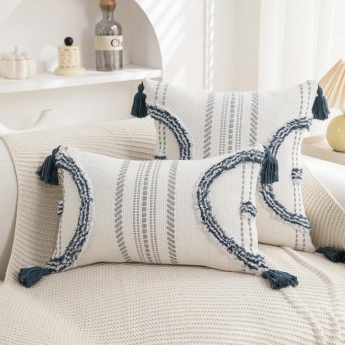 Boho Throw Pillow Covers 18x18 Set of 2 Cotton Woven Tufted Farmhouse Pillows Covers with Tassels Outdoor Neutral Navy Decorative Pillowcases Square Textured Accent Cushion Cases for Couch Bed Sofa