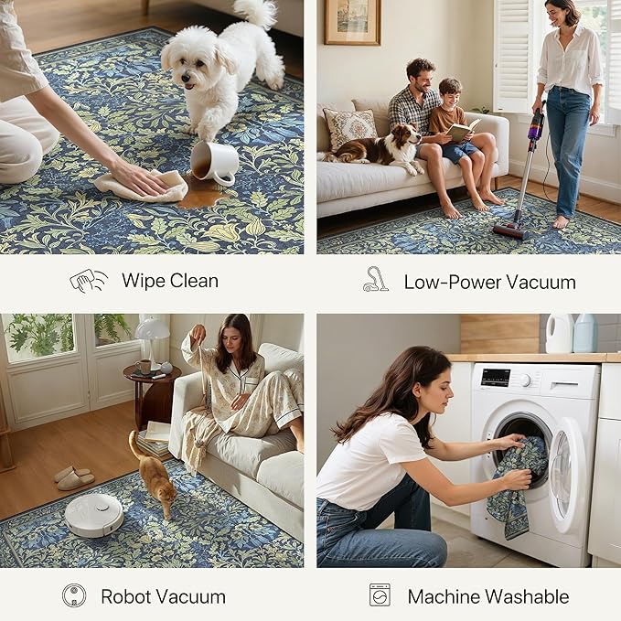 GENIMO 8x10 Washable Area Rug, Non-Slip Vintage Boho Floral Carpet, Soft Low-Pile Thin Living Room Rug for Bedroom, Dining Room, Nursery, Dark Blue