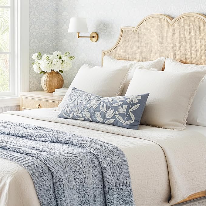 BlissBlush 14x36 Lumbar Pillow Cover for Bed, Grayish Blue Rectangular Long Throw Pillowcase, Embroidered Velvet Floral Tufted Farmhouse Accent Cushion (Cover Only)