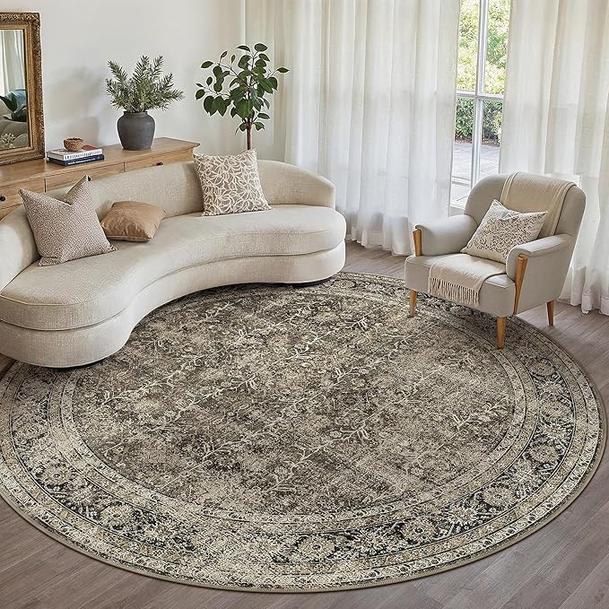 Brown Round Area Rug 8ft Washable 8x8 Circle Vintage Low Pile Indoor Large Kitchen Living Room Carpet Non Slip Traditional Distressed Retro Accent Throw Rug Office Dining Room