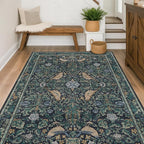 Cottagecore 5x8 Throw Rugs for Living Room, Washable Forest Rugs for Dining Room, Non Slip 5 by 8 Bedroom Under Bed, Low Pile Soft Carpet (Navy Blue & Deep Teal)