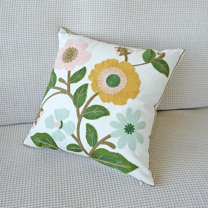 vctops Floral Embroidered Pillow Covers 18x18 Inch Spring Summer Cotton Tufted Throw Pillow Cover Outdoor Garden Cushion Case for Sofa, Bed, Living Room (Flower F,18"x18")