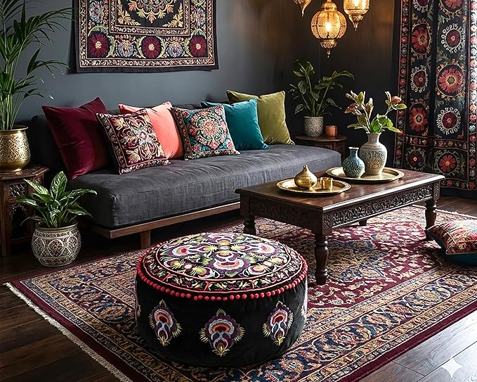 Mandala Life ART Round Black Velvet Pouf Cover - Soft Embroidered Ottoman Slipcover with Moroccan Design, 24 Inch Diameter, Ideal for Living Room, Bedroom, or Meditation Space - Floow Pillow Cushion