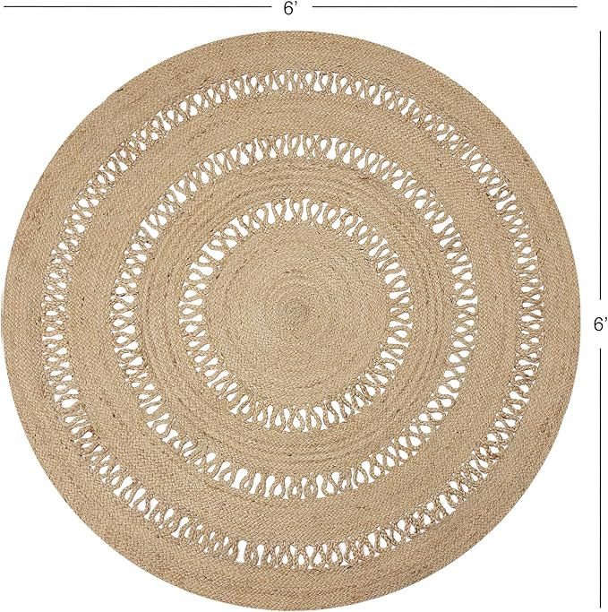 · REDEARTH · Round Area Rug - 6 Feet Braided Scalloped Earthy Trails Jute Rug- Artisan Made Boho Jute Patterned Rugs for Bedroom, Kitchen, Living Room, Farmhouse, Aesthetic, Handmade Vintage Décor