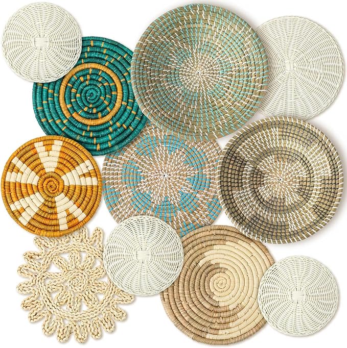 Tatuo 11 Pcs Boho Wall Basket Decor Decorative Bulrush Woven Basket Wall Decor Art Round Farmhouse Hanging Baskets for Kitchen Rustic Home Summer Decorations, Multi Sizes(Bright)