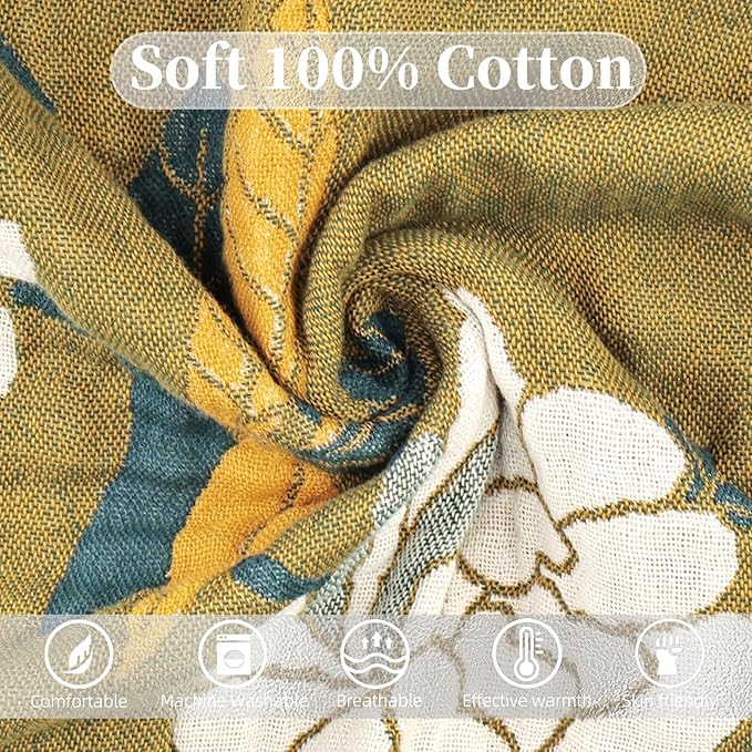 Boho Throw Blanket for Bed - 100% Pure Cotton Ultra Soft Rustic Quilt - Farmhouse Decor Bed Blankets, All Season Rustic Throw for Sofa Couch Chair(50"×60", Boho Floral)