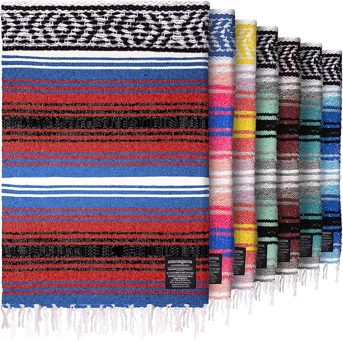 Hydration Nation Authentic Large Handwoven Mexican Striped Throw Blanket - Soft, Durable, Eco-Friendly - 70"x50" - Mariner