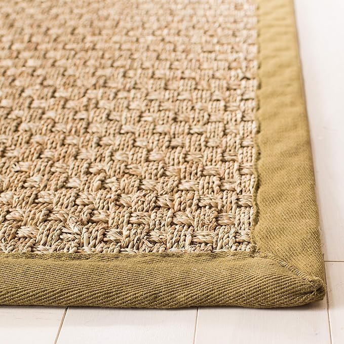 SAFAVIEH Area Rug 6x9 - Natural Fiber Collection - Natural & Olive Green, Seagrass, Basketweave Pattern with Border (NF114G)