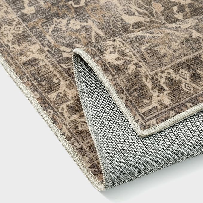 HUGEAR 3x8 Runner Rug Hallway Retro Brown Machine Washable Vintage Floral Low Pile Carpet Vacuumable Distressed Long Throw Rug Bedroom Office Bathroom Kitchen Laundry Non Slip Soft Lightweight