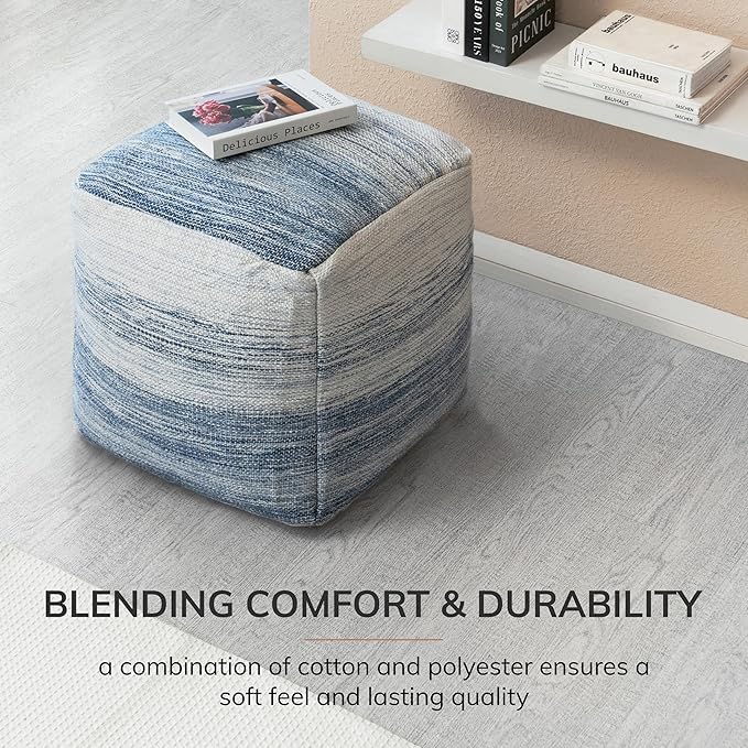 Anji Mountain Pouf Ottoman Foot Rest, Handmade Ottoman Pouf, Comfortable Foot Stool, Decorative Floor Seating for Living Room Decor, Bedroom & Home Décor Accent - Denim Sky