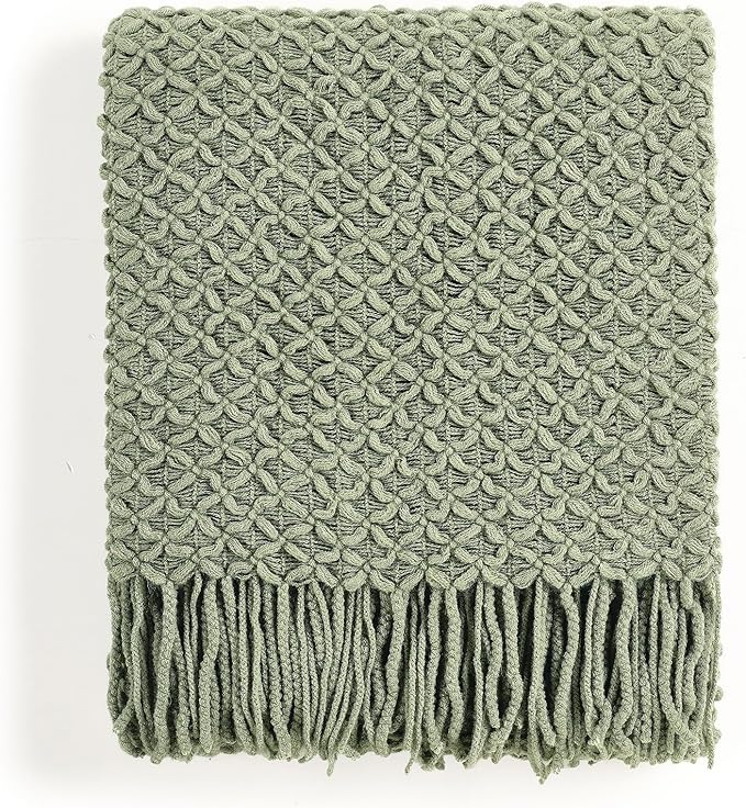 CREVENT Farmhouse Boho Knitted Throw Blanket for Couch Sofa Chair Bed Home Decoration, Soft Warm Cozy Light Weight for Spring Summer Fall (50''X60'' Sage Green)