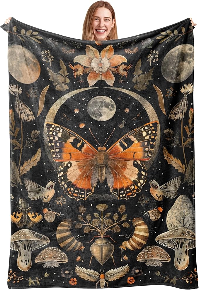 Orange Butterfly Moon Flower Throw Blanket, 320gsm Boho Mushroom Blanket Fluffy Cozy Soft Warm Plush Decorative Gifts for Women Men Kids, Blankets Quilt for Bed Sofa Chair Couch (60"x50")
