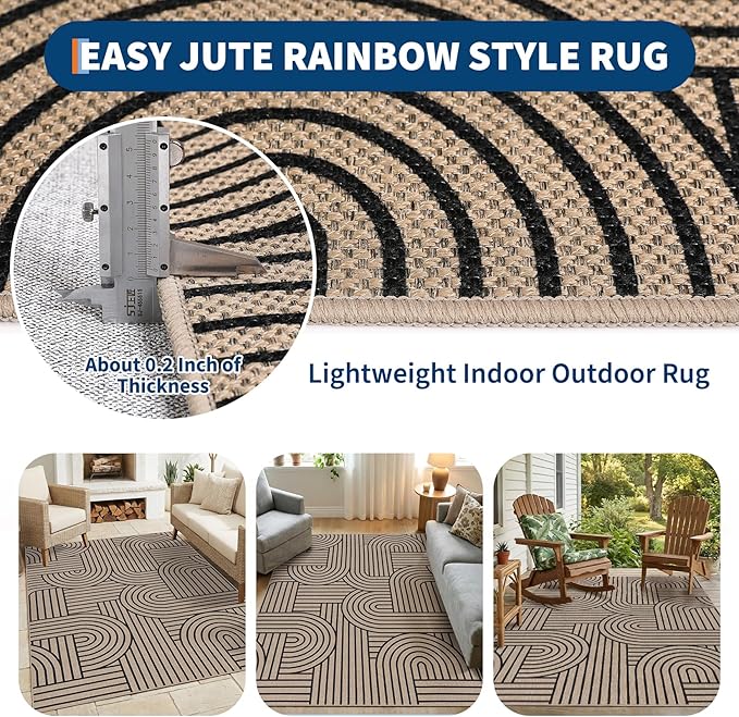 GarveeHome Rainbow Easy Jute Rug 5x7 Washable Abstract Non Slip Living Room Bedroom Rug, Non Skid Backing Non Shedding Accent Carpet for Dining Room Office