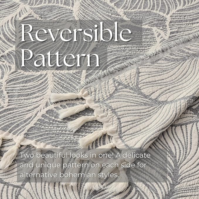 DOWN HOME Chenille Cotton Throw Blanket for Couch, Lightweight Boho Blanket for Bed Sofa Chair Living Room Outdoor Soft Woven Decorative Blanket with Tassel Gift Grey Leaves 55"x60"