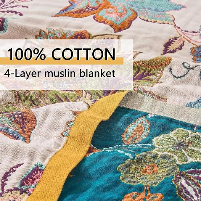 Boho Throw Blanket Farmhouse Decor Throw Blanket Bohemian Blanket for Bed 100% Cotton Muslin Woven Couch Blanket All Seasons Quilt Bedroom (Beige, 90"x98")