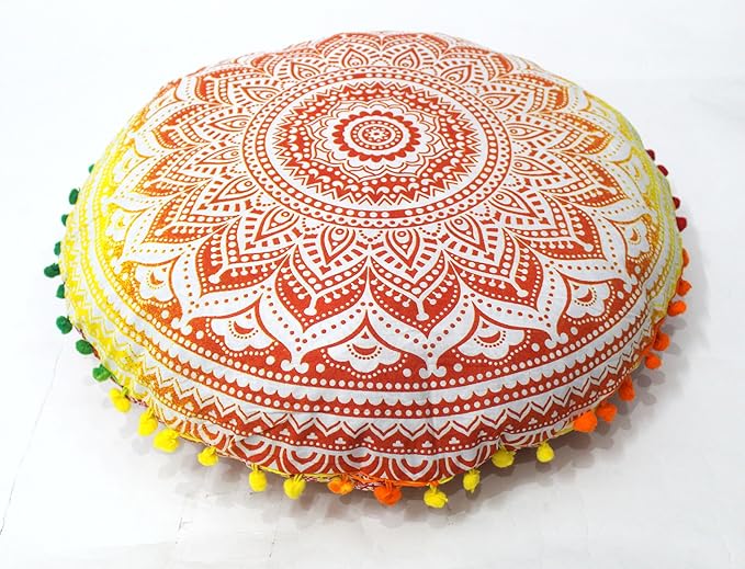 CRAFT KALA 32" Large Round Bohemian Floor Pillow Pouf Cover Mandala Meditation Room Pillow Cover for Adults Boho Seating Poufs Cushion Cover for Kids Playroom Yellow Orange Ombre