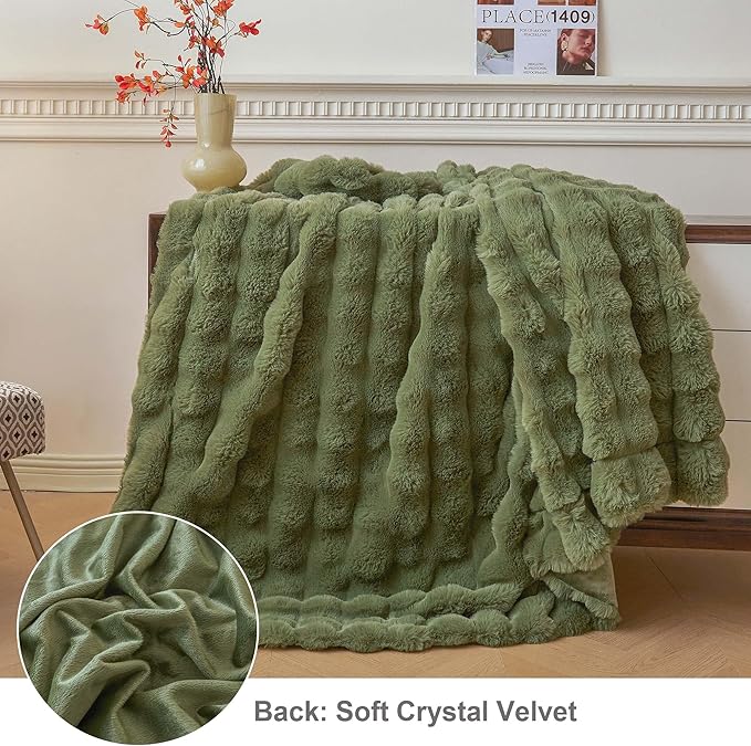 LIFEREVO Fluffy Faux Rabbit Fur Bubble Blanket, Plush Shaggy Throw for Couch Sofa, Cozy Comfy Furry Bed Blanket Adults Kids Teens Girls, Moss Fuzzy Throw for Bedroom Living Room, 60x90, Sage Green