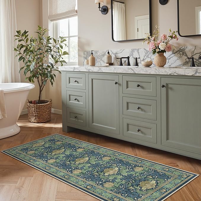 Bavni 2'6''x6 Runner Rug,Microfiber Washable Non-Slip Vintage Floral Rugs,Low Pile Lightweight Carpet for Bedroom,Hallway,Entryway,Kitchen,Bathroom, Tea Green/Blue