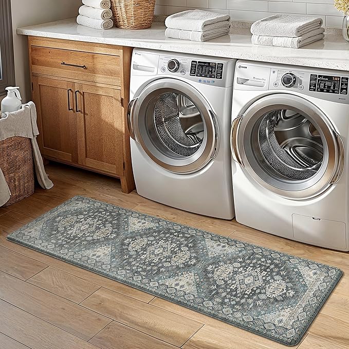 GENIMO Kitchen Mats for Floor, 2PCS Kitchen Rugs Non Slip Washable, Waterproof Anti Fatigue Mat, Comfort Standing Runner Rug for Sink, Office, Laundry, Home, 17.3"x59"+17.3"x30", Slate Blue