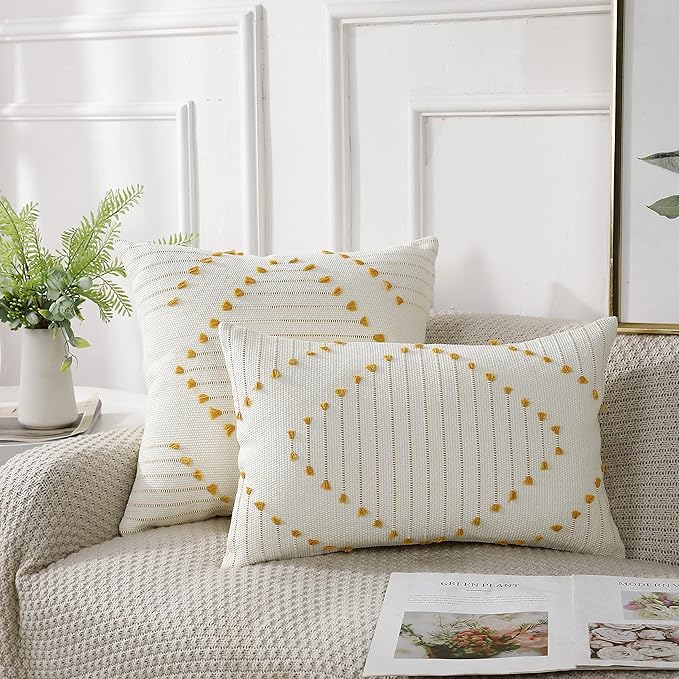 PANOD Set of 2 Boho Tufted Throw Pillow Covers with Tassel 12x20 inch, Decorative Indoor Outdoor Bohemian Lumbar Cushion case Pillowcase for Couch Sofa Livingroom car Farmhouse Yellow and Cream White