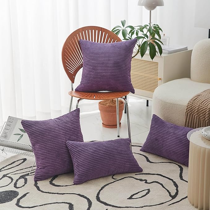 Home Brilliant Purple Pillows Covers Sofa Pillows Set of 2 Decorative Striped Velvet Throw Pillow Cases, 40cm, 16 x 16 Inch, Eggplant