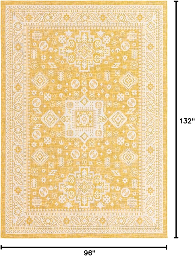 Rugs.com Outdoor Aztec Collection Rug – 8' x 11' Yellow Flatweave Rug Perfect for Living Rooms, Large Dining Rooms, Open Floorplans