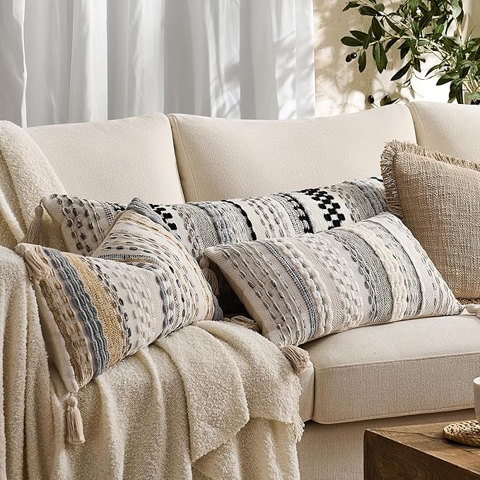 Kevin Textile Spring 12x20 Inch Lumbar Throw Pillow Cover 1 Pack Boho Decorative Soft Chenille Thread Woven Tufted Textured Rectangle Cushion Case Accent for Living Room Couch Sofa Bed, Beige