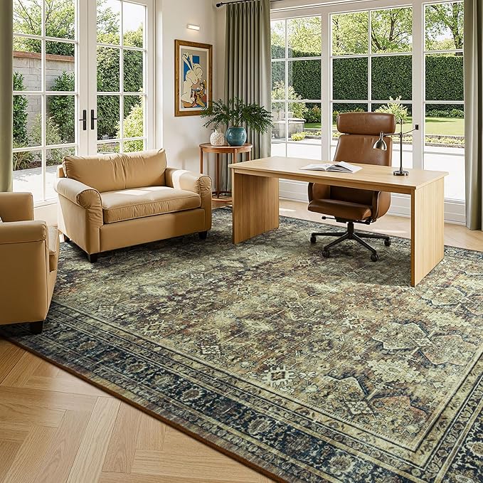 Lessymo Washable Area Rug for Living Room,8x10 Dark Brow Large Rugs with Non-Slip Backing,Soft Boho Carpets for Bedroom Dining Room Nursery Home Office