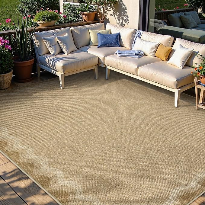 LIVEBOX Scalloped Washable 8x10 Rug, Easy Jute Tan Rug for Living Room, Indoor Outdoor Rugs Bedroom, Geometric Farmhouse Non Slip Dining Room Mat Modern Carpet Area Rug for Patio Home Office Decor