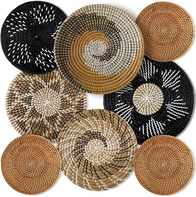 Xuhal 8 Pcs Boho Wall Basket Decor Decorative Bulrush Woven Basket Wall Decor Rustic Farmhouse Hanging Baskets for Kitchen Rustic Home Summer Decorations(Vintage)