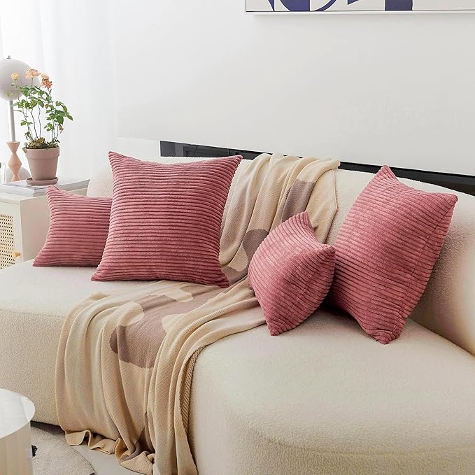Home Brilliant 26x26 Pillow Covers Euro Shams Cover Large Solid Striped Corduroy Euro Throw Pillow Cushion Cover Sham for Patio, 26 x 26 inch, Dry Rose Pink