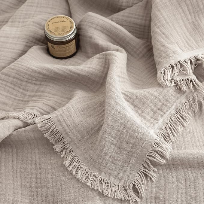 FOSSA Muslin Blanket with Fringe - 4-Layer 100% Cotton Gauze Super Soft & Breathable Throw -Lightweight Decorative Cooling Blanket for Bed, Sofa, Office -Oversize Queen Size 98" × 98" (Beige Gray)