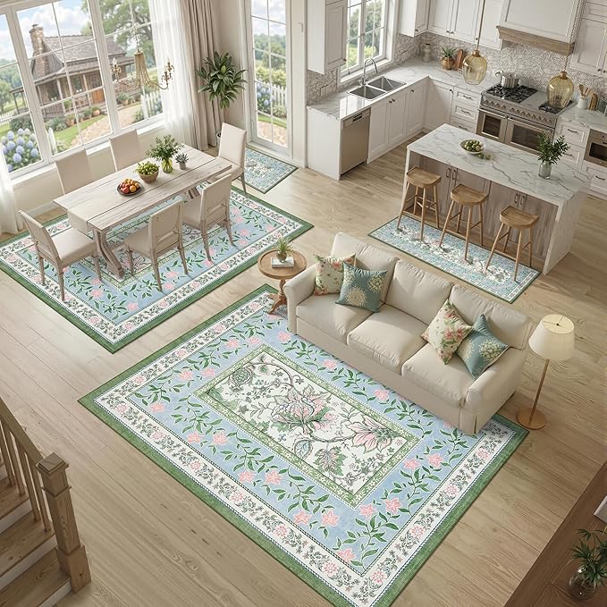 GarveeHome Blue Green Pink Washable 6x9 Area Rugs, Botanical Grove Vintage Cottagecore Non-Slip Rug for Living Room Bedroom Nursery Kitchen Low-Pile Retro Large Carpet