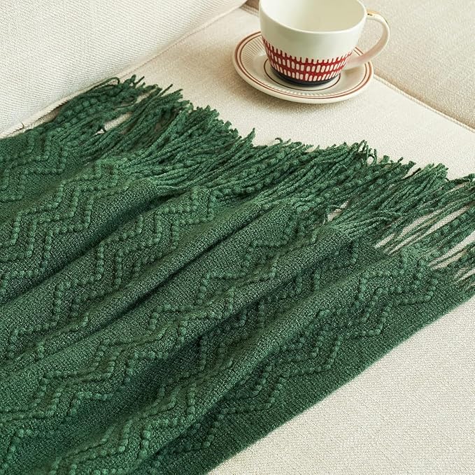 MIULEE Dark Green Knitted Throw Blanket for Couch Boho Textured Cozy Woven Blanket with Tassels for Sofa Chair Bed Living Room Acrylic Wave Pattern 60"x80"