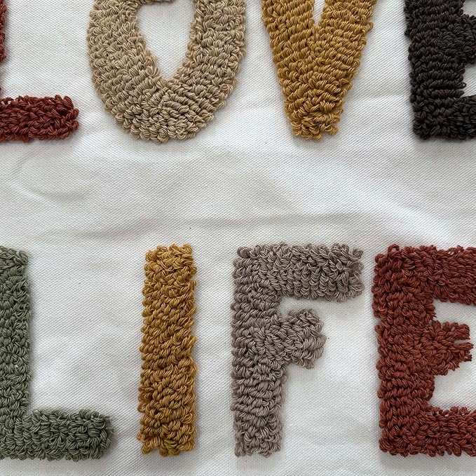 "Love Life Boho Pillow Covers 18X18 Inch Decorative Words Tufted Throw Pillow Covers Farmhouse Pillow Case for Couch Sofa Bed Living Room Bedroom, Rust/Mustard/Brown