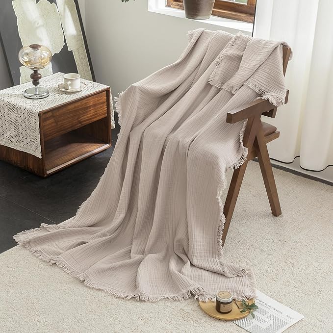 FOSSA Muslin Blanket with Fringe - 4-Layer 100% Cotton Gauze Super Soft & Breathable Throw -Lightweight Decorative Cooling Blanket for Bed, Sofa, Office - Super King Size 108" × 98" (Beige Gray)