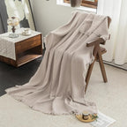 FOSSA Muslin Blanket with Fringe - 4-Layer 100% Cotton Gauze Super Soft & Breathable Throw -Lightweight Decorative Cooling Blanket for Bed, Sofa, Office (Beige Gray, Queen (90" × 90"))
