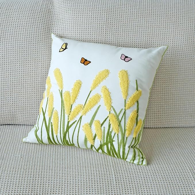 vctops Farmhouse Pampas Grass Cotton Tufted Throw Pillow Cover Boho Embroidery Pillowcase Soft Square Cushion Case for Sofa Couch Bed Chair (Yellow G,18"x18")