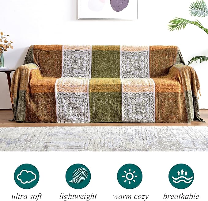Boho Couch Cover - Hippie Chenille Jacquard Bohemian Chair Couch Sofa and Bed Furniture Cover with Colorful Tribal Pattern (Green, 87" x 102")