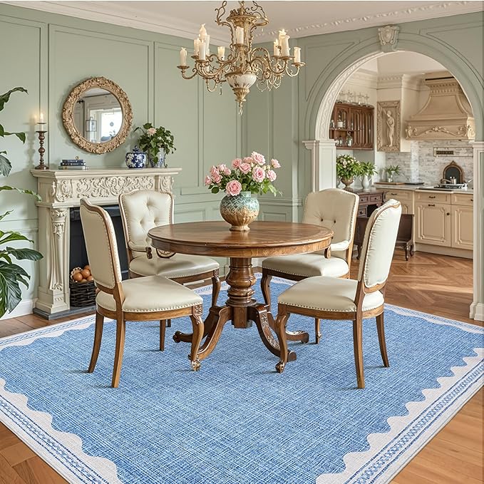 Scalloped Blue Washable Rugs 10x13 Rug for Living Room Non-Slip Solid Modern Minimalism Low-Pile Carpet 10 x 13 Rug for Bedroom Dining Nursery Rug