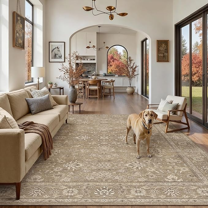 8x10 Area Rug Brown Washable Vintage Carpet Living Room Bedroom Large Non Slip Stain Soft Resistant Low Pile Thin Boho Accent Indoor Throw Rug for Dining Room Office
