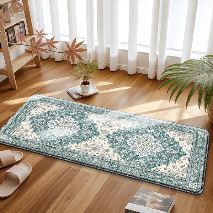 Boho Kitchen Mats for Floor 2 Piece Set Anti Fatigue Cushioned PVC Kitchen Rugs Non Slip Waterproof Farmhouse Mats 2/5 Inch Comfort Standing Mat for Sink, Laundry, 17.3"x47"+17.3"x28", Blue Green