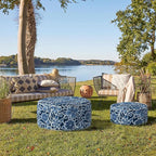 Indoor/Outdoor Inflatable Ottoman D21 x H9 inch, Round Footstool Inflatable Foot Rest Ottomans with Handle, Portable Ottoman Pouf for Patio, Garden, Camping, Home,Flower Navy